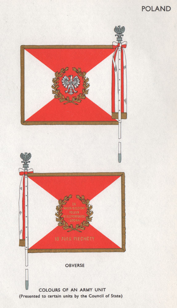 POLAND FLAGS. Obverse. Colours of an Army unit 1958 old vintage print picture